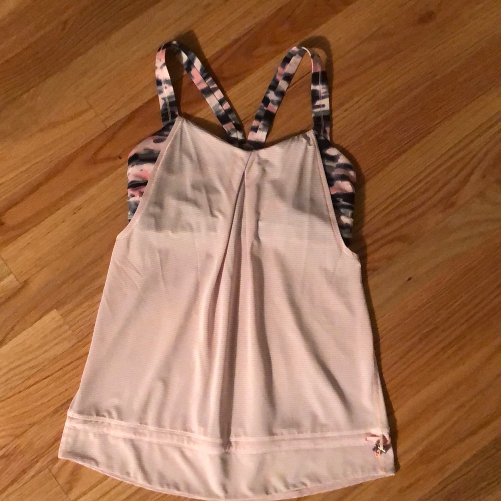Light pink/gray sports bra w/tie to adjust waist of attached shirt, bag included